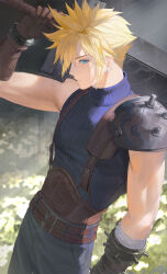 Rule 34 | 1boy, absurdres, aheure0329, aqua eyes, armor, bandaged arm, bandages, belt, blonde hair, blue pants, blue shirt, brown belt, brown gloves, closed mouth, cloud strife, commentary request, earrings, field, final fantasy, final fantasy vii, final fantasy vii remake, flower, flower field, gloves, hair between eyes, hair over one eye, highres, holding, holding sword, holding weapon, jewelry, korean commentary, lily (flower), looking at viewer, male focus, multiple belts, over shoulder, pants, shirt, short hair, shoulder armor, single bare shoulder, single earring, single shoulder pad, sleeveless, sleeveless turtleneck, solo, spiked hair, suspenders, sword, toned, toned male, turtleneck, weapon, weapon over shoulder, yellow flower