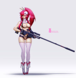 Rule 34 | 00s, 1girl, anti-materiel rifle, boots, breasts, chopsticks, cleavage, cleft of venus, gradient background, gun, highres, long hair, looking at viewer, pink hair, pink thighhighs, pussy, rifle, scarf, sniper rifle, solo, tengen toppa gurren lagann, thighhighs, thighs, uncensored, weapon, yellow eyes, yoko littner, zeronis