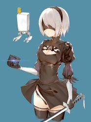 Rule 34 | 1girl, android, black blindfold, black hairband, black legwear, blindfold, blue background, breasts, cleavage, cleavage cutout, folded fan, closed mouth, clothing cutout, cube, feather trim, floating, folding fan, gloves, hairband, hand fan, highres, holding, holding sword, holding weapon, katana, lens flare, mole, mole under mouth, nier (series), nier:automata, pod (nier:automata), puffy sleeves, robot, ryou (ponpgo), short hair, simple background, standing, sword, turtleneck, weapon, 2b (nier:automata)