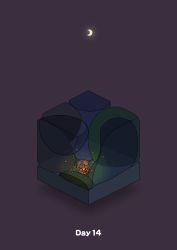 Rule 34 | campfire, commentary, crescent moon, diorama, gozz, hallucination, highres, isometric, lying, monster, moon, night, on side, original, purple background