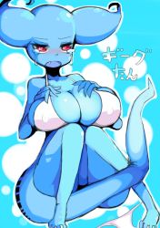 Rule 34 | 1girl, alien, bikini, blue skin, breasts, colored skin, covered erect nipples, fang, giygas, large breasts, mother (game), nintendo, open mouth, red eyes, redrose214, solo, swimsuit, tail, tears, translated