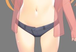 Rule 34 | 1girl, black shorts, blonde hair, clownpiece, grey background, long hair, long sleeves, midriff, navel, open clothes, open fly, open shirt, pink skirt, see-through, shorts, simple background, skirt, standing, stomach, tarmo, touhou, unbuttoned, unfinished