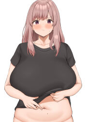 Rule 34 | 1girl, absurdres, black shirt, blush, breasts, brown hair, closed mouth, clothes lift, highres, huge breasts, lifted by self, looking at viewer, mole, mole on stomach, mole under eye, neneneji, original, out-of-frame censoring, plump, shirt, shirt lift, short sleeves, simple background, solo, white background