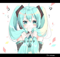 Rule 34 | 1girl, 2019, ahoge, aqua hair, black sleeves, blush, collared shirt, commentary, detached sleeves, green eyes, green necktie, grey shirt, grin, hair between eyes, hair ornament, hatsune miku, holding, holding hair, letterboxed, long hair, long sleeves, looking at viewer, mito (go!go!king!), necktie, shirt, sleeveless, sleeveless shirt, smile, solo, twintails, twitter username, upper body, vocaloid