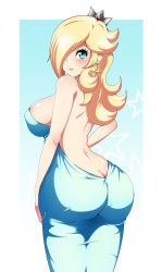 Rule 34 | 1girl, ass, back, bare arms, bare shoulders, blonde hair, blue background, blue dress, blue eyes, blue eyeshadow, border, breasts, butt crack, closed mouth, covered erect nipples, crown, dress, earrings, eyelashes, eyeshadow, from behind, hair over one eye, highres, jewelry, large breasts, lips, long hair, looking at viewer, looking back, makeup, mario (series), nintendo, rosalina, shoulder blades, sideboob, smile, solo, sonicbluespeed, star (symbol), starry background, strapless, strapless dress, super mario galaxy, white border