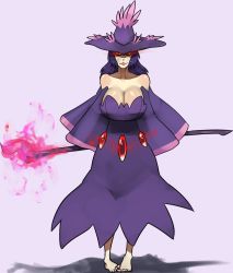 Rule 34 | 1girl, bad id, bad tumblr id, bare shoulders, barefoot, black hair, breasts, cleavage, creatures (company), detached sleeves, dress, game freak, gen 4 pokemon, glowing, glowing eyes, hat, huge breasts, long hair, mismagius, nintendo, personification, pigeon-toed, pokemon, red eyes, scathegrapes, solo, staff, wide sleeves, witch hat