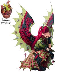 Rule 34 | 1girl, bandaid, black footwear, black gloves, choker, demon tail, earrings, gloves, graffiti, green hair, hand up, highres, jewelry, looking at viewer, multicolored hair, open mouth, original, personification, pink eyes, plaid, plant, red hair, rinotuna, shoes, simple background, smile, solo, split-color hair, squatting, tail, two-tone hair, venus flytrap, white background, wings