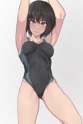 Rule 34 | 1girl, amagami, arms up, black hair, bob cut, breasts, brown eyes, buredoruko kou, closed mouth, commentary request, competition swimsuit, covered navel, highres, looking at viewer, medium breasts, nanasaki ai, one-piece swimsuit, short hair, smile, solo, swimsuit, thighs
