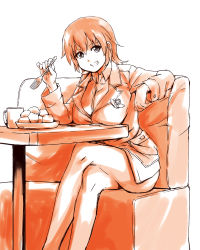 Rule 34 | 1girl, absurdres, bad id, bad pixiv id, blush, breast rest, breasts, charlotte e. yeager, crossed legs, cup, fork, grin, highres, large breasts, long hair, military, military uniform, monochrome, mug, plate, shibasaki shouji, simple background, sitting, smile, solo, strike witches, uniform, world witches series