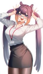 Rule 34 | 1girl, :d, absurdres, alternate breast size, arms up, black skirt, blue eyes, blunt bangs, blush, breasts, brown pantyhose, collarbone, collared shirt, glasses, gradient hair, gudanco (nyanmeowzer), highres, hololive, hololive english, lanyard, large breasts, long hair, long sleeves, looking at viewer, mole, mole under eye, multicolored hair, ninomae ina&#039;nis, office lady, open mouth, orange hair, pantyhose, pointy ears, purple hair, shirt, sidelocks, simple background, skirt, smile, solo, twintails, very long hair, virtual youtuber, white background, white shirt