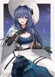 Rule 34 | 1girl, arknights, astesia (arknights), astesia (starseeker) (arknights), bad id, bad twitter id, black gloves, blue eyes, blue hair, border, bracelet, breasts, bright pupils, cleavage, commentary request, dress, elbow gloves, eyebrows hidden by hair, feather hair, gloves, hair between eyes, hair intakes, hat, izumi roka, jewelry, long hair, medium breasts, official alternate costume, open mouth, solo, star (sky), star (symbol), starry background, white border, white hat