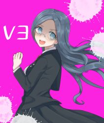 Rule 34 | 1girl, :d, absurdres, black hair, black jacket, black skirt, blue eyes, breasts, commentary request, cowboy shot, danganronpa (series), danganronpa v3: killing harmony, floating hair, from side, glasses, hand up, highres, jacket, long hair, long skirt, long sleeves, looking at viewer, medium breasts, open mouth, parted bangs, pink background, raimone (nekokirinv3), shirogane tsumugi, shirt, simple background, skirt, smile, solo, teeth, upper teeth only, very long hair, white shirt