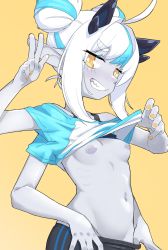 Rule 34 | 1girl, ahoge, bike shorts, bike shorts pull, bra, bra lift, breasts, clothes lift, clothes pull, colored skin, double bun, extra arms, female focus, grey skin, grin, hair bun, highres, horns, inverted nipples, multicolored hair, navel, original, owasaki, pointy ears, sharp teeth, shirt lift, shorts, shorts pull, sidelocks, small breasts, smile, solo, streaked hair, teeth, underwear, undressing, v, white hair, yellow background, yellow eyes