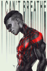 Rule 34 | 1boy, absurdres, animal print, bishounen, black hair, bodysuit, closed eyes, closed mouth, commentary, crew cut, crying, dark-skinned male, dark skin, english commentary, english text, from side, head down, head tilt, highres, ivan tao, male focus, marvel, miles morales, short hair, simple background, skin tight, solo, spider-man, spider print, spider web print, superhero costume, tears, toned, toned male, upper body