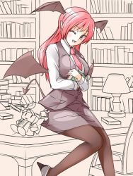 Rule 34 | 1girl, asagaya, bad id, bad pixiv id, bat wings, black pantyhose, blouse, breasts, character doll, demon tail, demon wings, desk, dress shirt, female focus, head wings, high heels, koakuma, large breasts, library, long hair, looking at viewer, miniskirt, hugging object, objectification, on desk, one eye closed, pantyhose, patchouli knowledge, pointy ears, red eyes, red hair, shirt, sitting, on desk, skirt, skirt set, solo, tail, touhou, vest, white shirt, wings