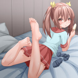 1girl barefoot black_socks blush brown_hair feet food hair_between_eyes highres holding holding_food holding_popsicle legs looking_at_viewer melting_popsicle on_bed original popsicle red_eyes school_uniform socks toenails toes twintails unworn_socks zoquqot