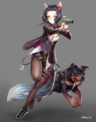 Rule 34 | 1girl, absurdres, aiming, animal, animal ear fluff, animal ears, artist name, belt, black footwear, black hair, black jacket, black neckerchief, blue hair, bra, bra visible through clothes, breasts, brown collar, brown eyes, brown pantyhose, bsapricot, buckle, cleavage, collar, collarbone, commentary, detached collar, dog, dog request, dress shirt, english commentary, fighting stance, fingernails, flower, forehead, frilled bra, frills, full body, german flag, girls&#039; frontline, grey background, gun, hair flower, hair ornament, handgun, heckler &amp; koch, highres, holding, holding gun, holding weapon, holster, id card, jacket, john wick, long hair, long sleeves, medium breasts, nail polish, neckerchief, necktie, open clothes, open jacket, original, p30, pantyhose, parted lips, pinstripe pattern, pinstripe skirt, pinstripe vest, pistol, red flower, red nails, running, see-through, see-through shirt, sharp teeth, shirt, shoes, skirt, snap-fit buckle, solo, striped clothes, striped skirt, tail, teeth, thigh holster, thigh strap, tongue, tongue out, twitter username, two-handed, underwear, vertical-striped clothes, vertical-striped skirt, vest, watch, weapon, white shirt, wing collar, wristwatch
