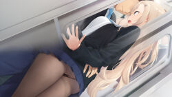 Rule 34 | 1girl, ass, blonde hair, blue eyes, blush, breasts, double shojo no pansto gakuen, from below, highres, jacket, large breasts, legs, long hair, looking at another, open mouth, original, panties, panties under pantyhose, pantyhose, school uniform, skirt, standing, thighs, train, train interior, underwear, x-ray