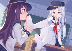 Rule 34 | 2girls, absurdres, akatsuki (kancolle), arm at side, artist name, black headwear, black sailor collar, black skirt, blue eyes, blush, breasts, chair, chalkboard, classroom, collarbone, dated, day, desk, eyelashes, feet, fingernails, flat cap, foot focus, foot worship, full body, hair between eyes, hand to own mouth, hand up, hat, hibiki (kancolle), highres, holding another&#039;s foot, indoors, kantai collection, legs, licking, licking foot, long hair, long sleeves, looking at another, messy hair, multiple girls, neckerchief, no shoes, on desk, open mouth, pantyhose, pleated skirt, purple eyes, purple hair, red neckerchief, sailor collar, school, school desk, school uniform, serafuku, sidelocks, sitting, on desk, skirt, soles, thighs, toes, tsubasa tsubasa, white hair, white pantyhose, yuri