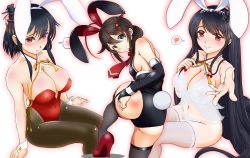 Rule 34 | 10s, 3girls, alternate costume, animal ears, arm support, black hair, black leotard, breasts, brown legwear, collarbone, covered navel, detached collar, embarrassed, fake animal ears, from above, fusou (kancolle), gradient background, hair between eyes, hairband, highres, kantai collection, large breasts, leotard, lips, looking at viewer, moke ro, multiple girls, off shoulder, pantyhose, playboy bunny, rabbit ears, rabbit tail, red eyes, red leotard, shigure (kancolle), shiny clothes, short hair, sitting, spoken blush, tail, wrist cuffs, yamashiro (kancolle)