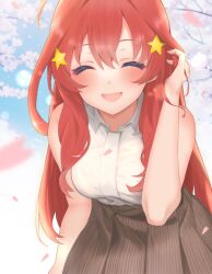 Rule 34 | 1girl, :d, ^ ^, adjusting hair, ahoge, arm at side, bare arms, blurry, blush, breasts, brown skirt, casual, cherry blossoms, closed eyes, commentary, cowboy shot, day, depth of field, double-parted bangs, eyelashes, facing viewer, falling petals, go-toubun no hanayome, hair between eyes, hair ornament, hand up, happy, high-waist skirt, highres, kakato 0, large breasts, leaning forward, long hair, nakano itsuki, open mouth, outdoors, petals, red hair, shirt, sidelocks, skirt, sleeveless, sleeveless shirt, smile, solo, spring (season), standing, star (symbol), star hair ornament, very long hair, wavy hair, white shirt