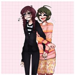 Rule 34 | 2girls, ahoge, braid, closed eyes, closed mouth, couple, danganronpa (series), danganronpa another episode: ultra despair girls, fang, female focus, formal, fukawa toko, green hair, grey eyes, grid, grid background, heart, highres, holding hands, imaginaryiand, interlocked fingers, long hair, long sleeves, multiple girls, naegi komaru, open mouth, pink background, simple background, skirt, smile, source request, suit, sweater, twin braids, twintails, yuri