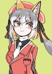 Rule 34 | animal ear fluff, animal ears, blazer, gloves, hat, highres, island fox (kemono friends), jacket, kanmoku-san, kemono friends, kemono friends v project, long hair, looking at viewer, necktie, open mouth, school uniform, shirt, shoes, silver hair, simple background, skirt, smile, solo, tail, twintails, virtual youtuber