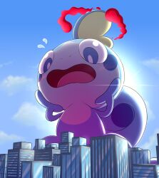 Rule 34 | absurdres, animal, blue sky, blush, building, city, cloud, commentary, commission, creatures (company), dynamax, english commentary, flying sweatdrops, game freak, gen 8 pokemon, giant, hands on own face, highres, introvertnacho, nintendo, no humans, open mouth, outdoors, oversized animal, pokemon, pokemon (creature), sky, skyscraper, sobble, solo