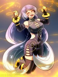 Rule 34 | 1girl, absurdres, alternate costume, black dress, black thighhighs, blue hair, boku no hero academia, breasts, cleavage, closed eyes, dress, energy, hadou nejire, hands up, highres, large breasts, long hair, open mouth, solo, temerohimitaki, thighhighs, very long hair