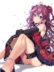 Rule 34 | 1girl, :3, ahoge, anklet, bad id, bad pixiv id, beads, black footwear, black gloves, blue eyes, blush, bow, bridal garter, brown hair, closed mouth, dress, earrings, elbow gloves, gloves, hair between eyes, hair bow, heart, high heels, ichinose shiki, idolmaster, idolmaster cinderella girls, jewelry, lace, lace-trimmed dress, lace trim, lips, long hair, looking at viewer, pinb, red bow, red dress, shoes, simple background, single shoe, sitting, smile, solo, striped, striped bow, two side up, very long hair, wavy hair, white background