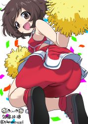 Rule 34 | 10s, 1girl, :d, absurdres, akiyama yukari, alternate costume, ass, bike shorts, brown eyes, brown hair, cheerleader, commentary, confetti, dated, from behind, girls und panzer, highres, holding, jumping, looking at viewer, looking back, messy hair, midriff, one-hour drawing challenge, open mouth, pleated skirt, pom pom (cheerleading), print skirt, red footwear, red shirt, red shorts, red skirt, red socks, shiina excel, shirt, shoes, short hair, shorts, shorts under skirt, single horizontal stripe, skirt, sleeveless, sleeveless shirt, smile, sneakers, socks, solo, twitter username, watermark