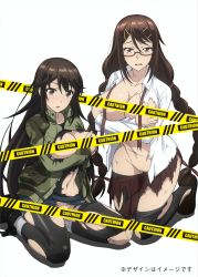 Rule 34 | 2girls, absurdres, blue skirt, boots, bow, bowtie, braid, breast hold, breasts, brown eyes, brown hair, camouflage, camouflage jacket, caution tape, censored, censored nipples, embarrassed, glasses, hair ornament, hairclip, highres, jacket, kneeling, kyochuu rettou, large breasts, loafers, long hair, looking at viewer, miniskirt, mons pubis, multiple girls, naruse chitose, navel, neck ribbon, no panties, official art, open mouth, oribe mutsumi, pantyhose, pleated skirt, pussy, pussy peek, red-framed eyewear, red neckwear, red skirt, ribbon, shirt, shoes, simple background, skirt, socks, thighhighs, torn clothes, torn jacket, torn legwear, torn shirt, torn skirt, twin braids, undone bowtie, undone neck ribbon, undone neckwear, very long hair, white background