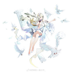 Rule 34 | 1girl, absurdres, bird, breasts, broken pillar, chunbai renxing, commentary request, dress, feathered wings, flower, full body, green eyes, hair flower, hair ornament, harp, high heels, highres, holding, holding instrument, instrument, large breasts, long hair, looking at viewer, multiple wings, original, parted lips, pigeon, pillar, revealing clothes, simple background, solo, weibo logo, weibo watermark, white background, white bird, white dress, white flower, white footwear, white hair, white wings, wings