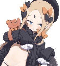 Rule 34 | 1girl, abigail williams (fate), black bow, black dress, black hat, blonde hair, blue eyes, blush, bow, breasts, clothes lift, dress, dress lift, fate/grand order, fate (series), forehead, gamuo, hair bow, hat, keyhole, long hair, long sleeves, looking at viewer, navel, orange bow, panties, parted bangs, ribbed dress, sleeves past fingers, sleeves past wrists, small breasts, smile, solo, stuffed animal, stuffed toy, teddy bear, tentacles, underwear