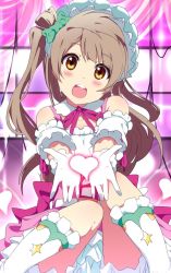 Rule 34 | 10s, 1girl, blush, brown eyes, brown hair, dancing stars on me!, frills, gloves, heart, long hair, looking at viewer, love live!, love live! school idol project, minami kotori, ogipote, open mouth, side ponytail, sitting, socks, solo, white gloves, white socks