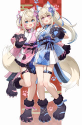 Rule 34 | 2girls, animal ears, animal hands, asymmetrical legwear, belt, blonde hair, blue eyes, blue hair, blush, breasts, dog ears, dog tail, fang, floral print kimono, flower, fuwawa abyssgard, fuwawa abyssgard (new year), garter straps, gloves, gradient hair, hair flower, hair ornament, high ponytail, highres, hololive, hololive english, japanese clothes, kimono, large breasts, light blue hair, long hair, looking at viewer, mococo abyssgard, mococo abyssgard (new year), multicolored hair, multiple girls, official alternate costume, official alternate hairstyle, open mouth, paw gloves, pink eyes, pink hair, shikinagi, short hair, skin fang, sleeveless, sleeveless kimono, small breasts, streaked hair, tail, virtual youtuber