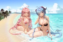 Rule 34 | + +, :d, ahoge, aile (crossroads), bare arms, bare legs, bare shoulders, barefoot, beach, bell, bikini, black bikini, blue hair, bow, breasts, cleavage, closed mouth, collarbone, frilled bikini, frills, full body, ganyu (genshin impact), genshin impact, highres, horns, large breasts, long hair, looking at viewer, navel, ocean, open mouth, original, pink hair, purple eyes, red bow, red eyes, red ribbon, resolution mismatch, ribbon, sitting, smile, source smaller, sparkling eyes, stomach, swimsuit, very long hair, vision (genshin impact), wariza, water, white bikini
