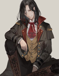 Rule 34 | 1boy, ascot, black capelet, black hair, black jacket, black pants, boots, brown vest, buttons, capelet, cross-laced footwear, feet out of frame, head tilt, highres, jacket, karanashi noma, knee up, lace-up boots, long sleeves, looking at viewer, male focus, mandarin collar, medium hair, nijisanji, open clothes, open jacket, orange eyes, pants, parted bangs, red ascot, shellin burgundy, shirt, simple background, sitting, smile, solo, vest, virtual youtuber, white shirt, yellow background