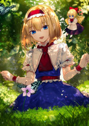Rule 34 | 2girls, :d, absurdres, alice margatroid, apron, ascot, black footwear, blonde hair, blue dress, blue eyes, bobby socks, bow, bowtie, bug, butterfly, clenched hands, commentary request, daimaou ruaeru, dress, floating, flower, frilled hairband, frilled shirt collar, frills, hair between eyes, hair bow, hairband, hand up, head tilt, highres, holding, holding flower, insect, leaf, lens flare, lolita hairband, long hair, long sleeves, looking at viewer, mary janes, multiple girls, open mouth, petticoat, pink flower, puffy short sleeves, puffy sleeves, purple dress, purple flower, red bow, red hairband, red neckwear, red sash, sash, shanghai doll, shirt, shoes, short hair, short sleeves, sitting, smile, socks, sparkle, touhou, waist apron, white legwear, white shirt, wrist cuffs