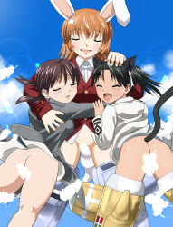 Rule 34 | 3girls, animal ears, ass, blush, bottomless, brown hair, butt crack, cat ears, cat tail, charlotte e. yeager, closed eyes, convenient censoring, fang, feathers, francesca lucchini, gertrud barkhorn, green hair, highres, hosoinogarou, hug, long hair, military uniform, multiple girls, no panties, orange hair, rabbit ears, smile, strike witches, tail, twintails, uniform, world witches series, yuri