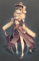 Rule 34 | 1girl, alternate color, animal, animal around neck, blonde hair, brown dress, brown footwear, brown sleeves, commentary, detached sleeves, dress, english commentary, fox, full body, hat, high heels, looking at viewer, ofuda, open mouth, pelvic curtain, professor (ragnarok online), qingdai guanmao, ragnarok online, red eyes, shaded face, short hair, sleeveless, sleeveless dress, smile, solo, striped sleeves, twai, yellow sleeves