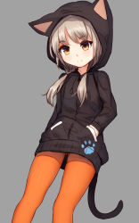 Rule 34 | 1girl, animal hood, cat hood, cat tail, grey background, hands in pockets, highres, hood, hoodie, low twintails, orange pantyhose, original, pantyhose, paw print, shone, silver hair, solo, tail, twintails, yellow eyes