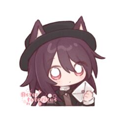 Rule 34 | 1girl, arknights, artist name, black bow, black bowtie, black hat, black jacket, blush, bow, bowtie, brown hair, brown vest, chibi, closed mouth, cropped torso, ears through headwear, envelope, hair between eyes, hand up, hat, holding, holding envelope, jacket, kkkkuro, long hair, long sleeves, looking at viewer, melantha (arknights), melantha (letters from wessex) (arknights), red eyes, simple background, solo, upper body, vest, white background