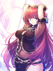 Rule 34 | 1girl, armpits, arms behind head, arms up, belt, blue eyes, breasts, covered navel, gogatsu no renkyuu, hairband, highres, large breasts, long hair, looking at viewer, megurine luka, navel, red hair, side slit, skirt, smile, solo, very long hair, vocaloid