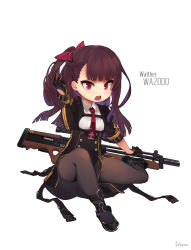 Rule 34 | 1girl, artist name, black footwear, black gloves, black skirt, blunt bangs, bow, braid, brown hair, bullpup, character name, chibi, d:, d:&lt;, girls&#039; frontline, gloves, gun, hair bow, half updo, hand up, high-waist skirt, highres, jehyun, knee up, long hair, military, military uniform, one side up, open mouth, pantyhose, purple eyes, red bow, rifle, shoes, signature, simple background, sitting, skirt, sleeves rolled up, sniper rifle, solo, tears, uniform, v-shaped eyebrows, wa2000 (girls&#039; frontline), walther, walther wa 2000, weapon, white background