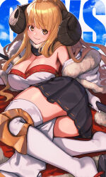 Rule 34 | 1girl, absurdres, ahoge, anila (granblue fantasy), blonde hair, blunt bangs, blush, breasts, cleavage, coat, detached collar, draph, fur-trimmed coat, fur collar, fur trim, geta, granblue fantasy, highres, horns, large breasts, lc butter, long hair, looking at viewer, lying, ribbon trim, sandals, sheep horns, short eyebrows, smile, solo, thick eyebrows, thighhighs, thighs, very long hair, white thighhighs, yellow eyes, zouri