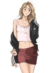 Rule 34 | 1girl, black jacket, brown hair, camisole, closed mouth, cowboy shot, genderswap, genderswap (mtf), grey eyes, haotmeal, highres, jacket, jewelry, k-pop, long hair, long sleeves, midriff, mole, mole on cheek, mole under eye, navel, necklace, off shoulder, pencil skirt, pink camisole, pink nails, real life, red skirt, skirt, solo, track jacket, zerobaseone, zhang hao