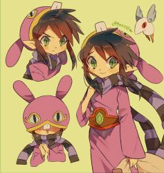 Rule 34 | 1girl, artist name, blush, brown hair, character request, closed mouth, commentary request, green eyes, highres, holding, holding sack, hood, hood up, long sleeves, looking at viewer, male focus, multiple views, nintendo, open mouth, own hands together, pointy ears, ravio, sack, sash, scarf, sheerow, sidelocks, smile, striped clothes, striped scarf, the legend of zelda, tokuura, twitter username, watermark