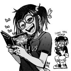 Rule 34 | 1girl, amogus girl, among us, artist name, blupixl, book, borrowed character, commentary, crewmate (among us), ear piercing, english commentary, english text, giggling, greyscale, heart, highres, holding, holding book, jimiko, monochrome, open mouth, piercing, reading, round eyewear, short hair, short twintails, simple background, skirt, slippers, socks, twintails, white background