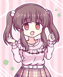 Rule 34 | 1girl, belt, blush, brown eyes, brown hair, hair ornament, hands up, idolmaster, idolmaster cinderella girls, jewelry, kashimu, long sleeves, looking at viewer, necklace, ogata chieri, open mouth, pink shirt, shirt, short twintails, sidelocks, skirt, solo, striped, striped background, twintails